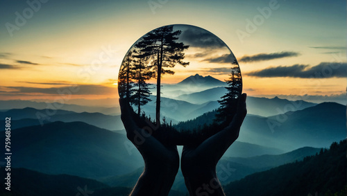 Eine Glaskugel, durch die man Details einer morgendlichen Hügellandschaft sieht, wird von zwei Händen gehalten  photo