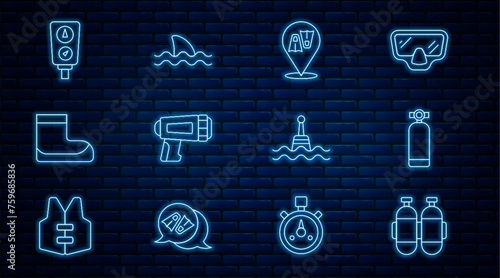 Set line Aqualung, Flippers for swimming, Flashlight diver, Boots, Gauge scale, Floating buoy and Shark icon. Vector