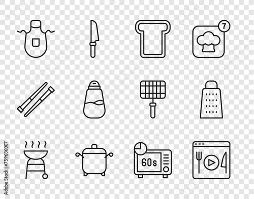 Set line Barbecue grill, Cooking live streaming, Bread toast, pot, Kitchen apron, Salt, Microwave oven and Grater icon. Vector