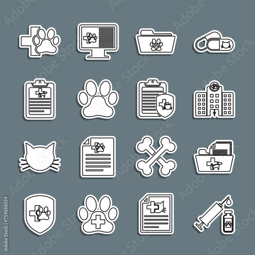 Set line Syringe with pet vaccine, Medical veterinary record folder, Veterinary medicine hospital, Paw print, Clinical, clinic and icon. Vector