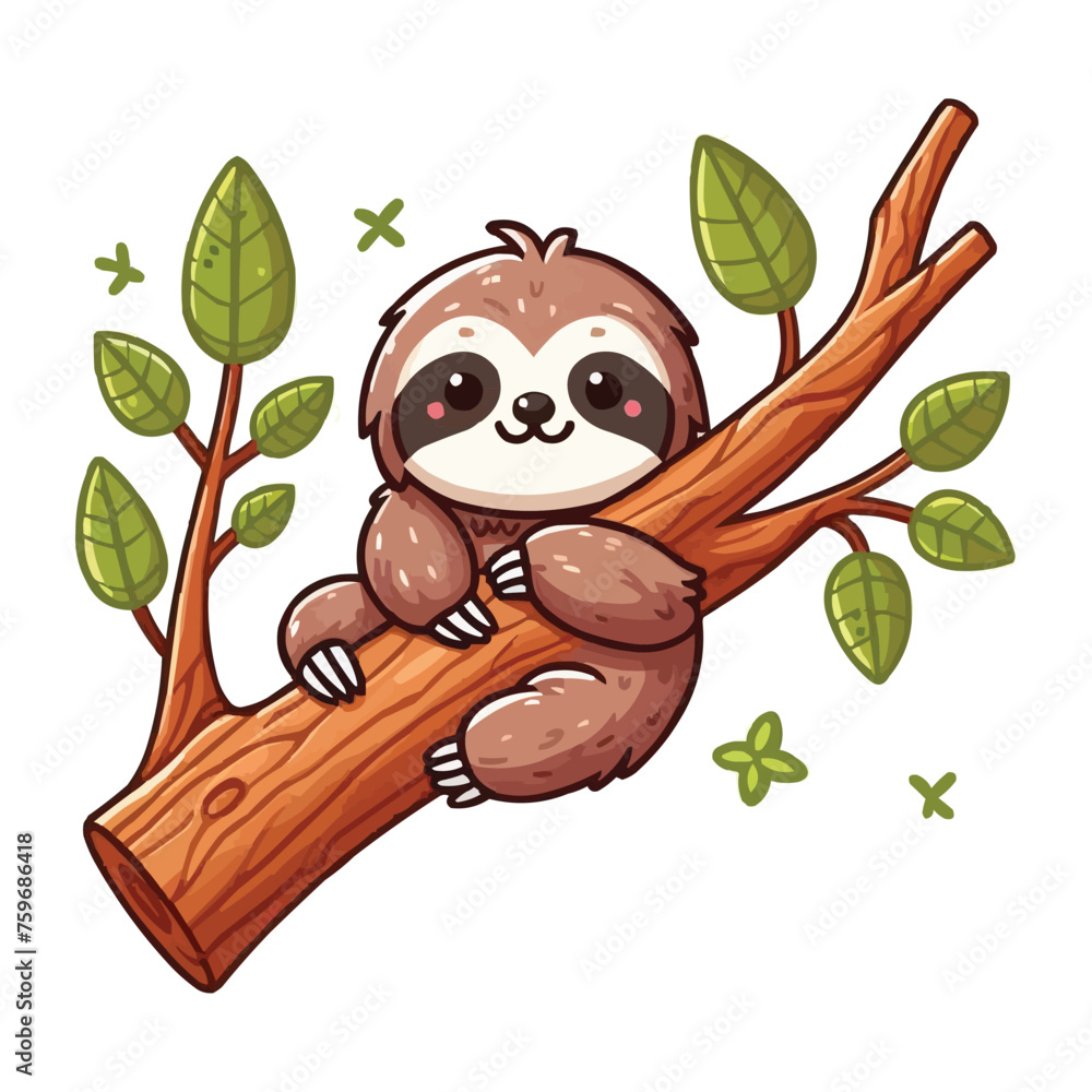 Naklejka premium Cute sloth hanging on wood tree cartoon vector icon illustration