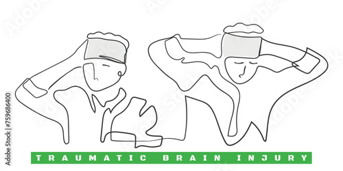Hand drawn line art depicting Brain Injury. Traumatic Brain Injury Awareness flashcard. Concussion and Brain structure damage.