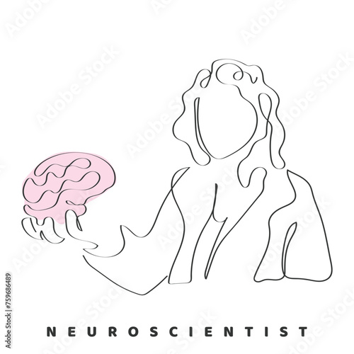 hand drawn line art vector of a woman holding human brain. Neuroscientist or neurosurgeon line art.