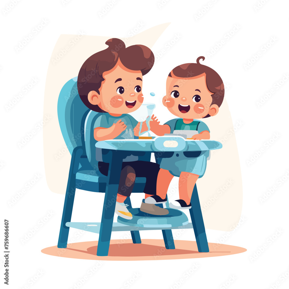 Cute baby brother in high chair feeding sister flat