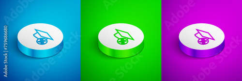 Isometric line Graduation cap and coin icon isolated on blue, green and purple background. Education and money. Concept of scholarship cost or loan, tuition or study fee. White circle button. Vector