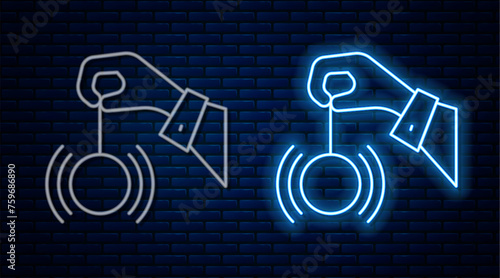 Glowing neon line Hypnosis icon isolated on brick wall background. Human eye with spiral hypnotic iris. Vector