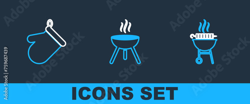 Set line Barbecue grilled shish kebab, Oven glove and icon. Vector