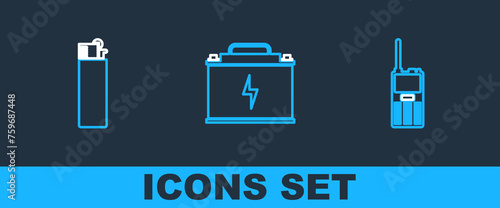 Set line Walkie talkie, Lighter and Car battery icon. Vector