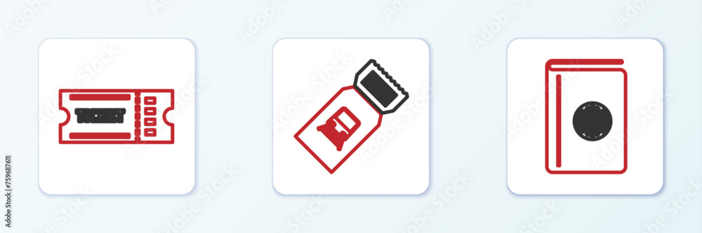 Set line Cover book travel guide, Ticket and Train ticket icon. Vector Set line Cover book travel guide, Ticket and Train ticket icon. Vector