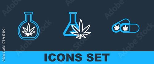 Set line Medical pills with marijuana, Test tube and icon. Vector