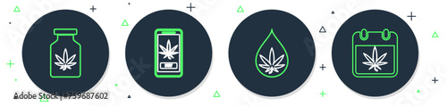 Set line Online buying marijuana, Marijuana or cannabis leaf oil, Medical bottle with and Calendar and icon. Vector