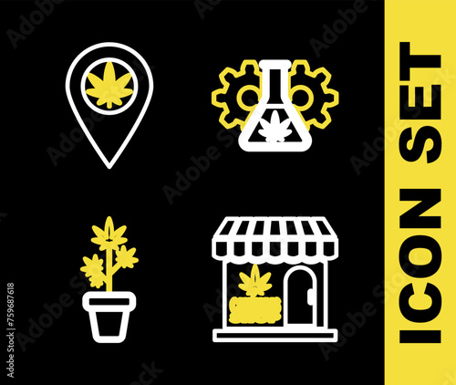 Set line Test tube with marijuana, Marijuana and cannabis store, plant in pot and Location icon. Vector