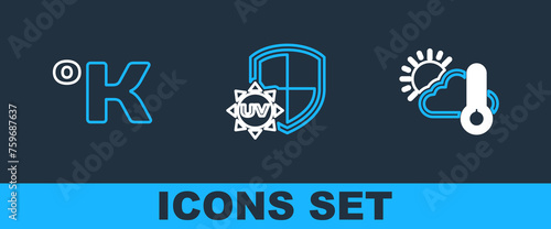 Set line Thermometer and cloud, sun, Kelvin and UV protection icon. Vector