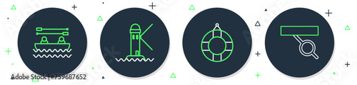 Set line Lighthouse, Lifebuoy, Boat with oars and Pirate eye patch icon. Vector