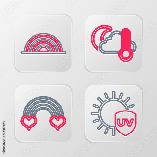 Set line UV protection, Rainbow with heart, Thermometer and cloud, moon and icon. Vector