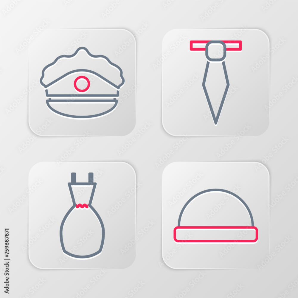 Set line Beanie hat, Woman dress, Tie and Police cap with cockade icon. Vector Set line Beanie hat, Woman dress, Tie and Police cap with cockade icon. Vector