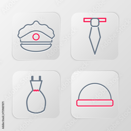 Set line Beanie hat, Woman dress, Tie and Police cap with cockade icon. Vector