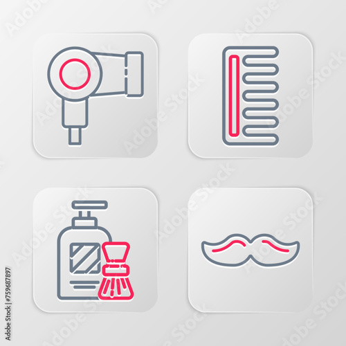 Set line Mustache, Shaving gel foam and brush, Hairbrush and dryer icon. Vector