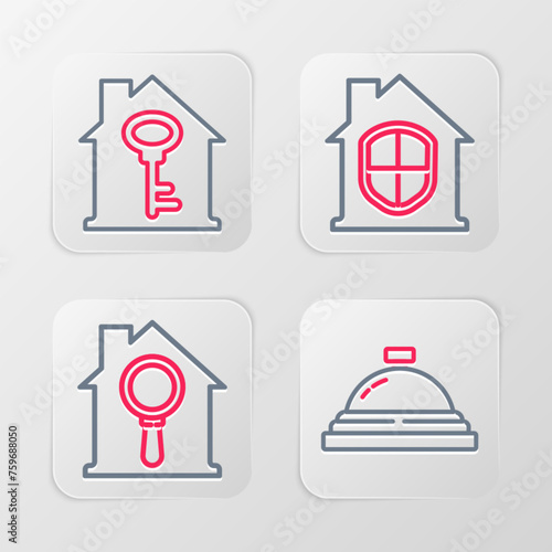 Set line Hotel service bell  Search house  House under protection and with key icon. Vector