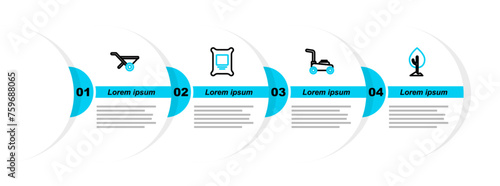 Set line Tree, Lawn mower, Fertilizer bag and Wheelbarrow icon. Vector