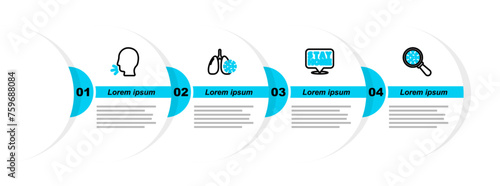 Set line Virus under magnifying glass, Stay home, cells lung and Man coughing icon. Vector