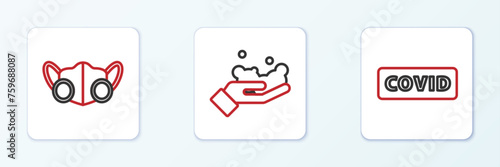 Set line Corona virus covid-19, Medical protective mask and Washing hands with soap icon. Vector
