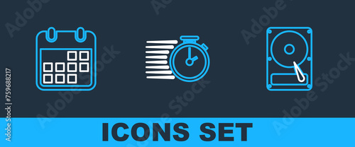 Set line Hard disk drive HDD, Calendar and Stopwatch icon. Vector