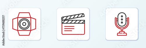 Set line Microphone, Movie spotlight and clapper icon. Vector