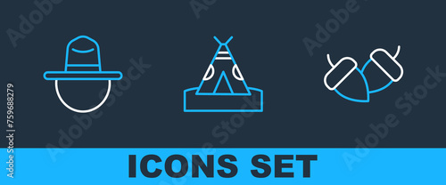 Set line Acorn, Canadian ranger hat and Indian teepee wigwam icon. Vector
