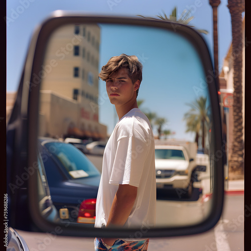 Young Man Checking His Outfit in a Car's Side Mirror Generative AI
