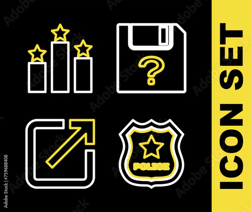 Set line Unknown document, Police badge, Open in new window and Ranking star icon. Vector