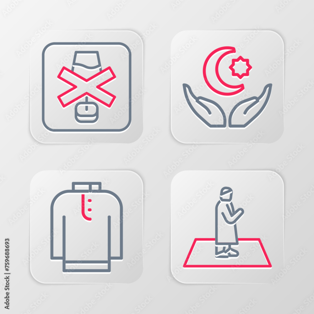 Set line Muslim man prays, Shirt kurta, Star and crescent and No alcohol icon. Vector Set line Muslim man prays, Shirt kurta, Star and crescent and No alcohol icon. Vector