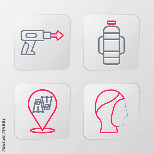 Set line Diving hood, Flippers for swimming, Aqualung and Fishing harpoon icon. Vector