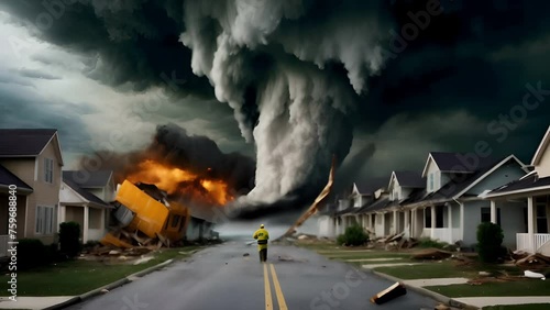 A firefighter stands amidst the devastation of a suburban neighborhood after a tornado's passage. Homes are destroyed and fires burn as the tornado recedes in the background. photo