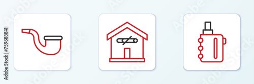 Set line Electronic cigarette, No pipe smoking and at home icon. Vector