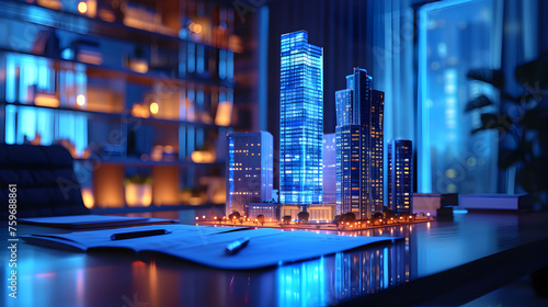 concept holo blue 3d render miniature model maquette of small skyscraper building on table in real estate agency. signing mortgage contract document demonstrating. futuristic business photo