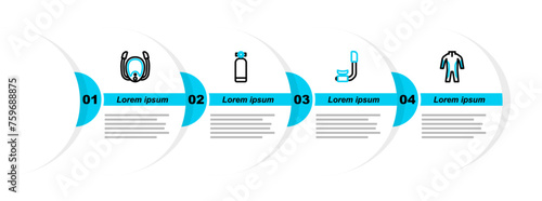 Set line Wetsuit for scuba diving, Snorkel, Aqualung and Diving mask with snorkel icon. Vector
