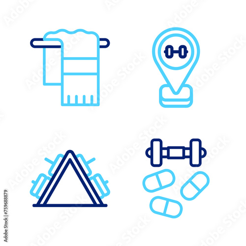 Set line Sports doping with dumbbell, Metal rack weight, Location gym and Towel hanger icon. Vector