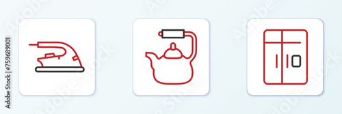 Set line Refrigerator, Electric iron and Kettle with handle icon. Vector