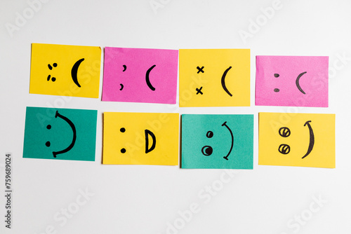 top view of paper cards with various smileys on white background, banner