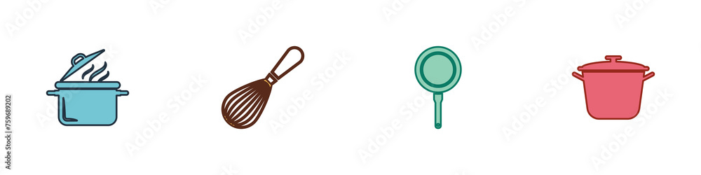 Set Cooking pot, Kitchen whisk, Frying pan and icon. Vector Set Cooking pot, Kitchen whisk, Frying pan and icon. Vector