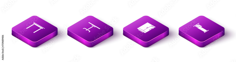Set Isometric Wooden table, Round, Shower cabin and Bed icon. Vector Set Isometric Wooden table, Round, Shower cabin and Bed icon. Vector
