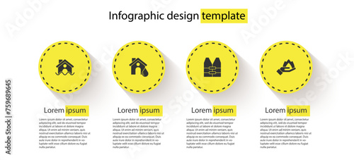 Set House flood, , Life jacket and Hand holding fire. Business infographic template. Vector
