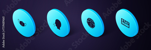 Set Isometric Stay home, Earth with medical mask, Man coughing and Medical protective icon. Vector