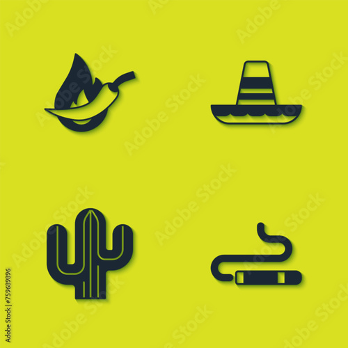 Set Hot chili pepper pod, Cigar, Cactus and Mexican sombrero icon. Vector