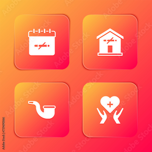 Set No smoking days, at home, pipe and Heart with cross icon. Vector