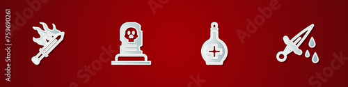 Set Sword for game, Grave with tombstone, Bottle potion and blood icon. Vector