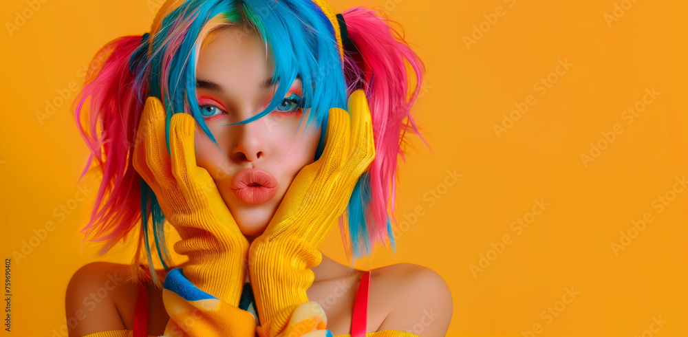 A woman with blue and yellow hair and blue and yellow gloves. She is wearing a yellow shirt. beautiful girl in gloves with brightly colored hair in hip hop style youth clothes sends an air kiss.