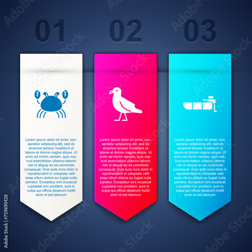 Set Crab, Bird seagull and Inflatable boat with motor. Business infographic template. Vector