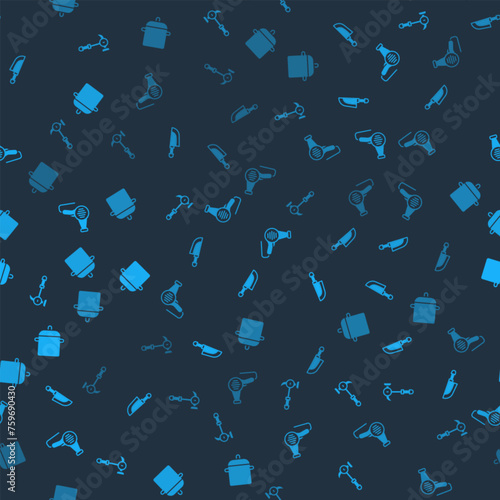 Set Hammer, Knife, Hair dryer and Cooking pot on seamless pattern. Vector © vector_v